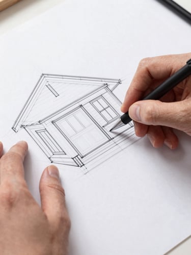 Close-up of hands sketching a house extension on translucent tracing paper, technical precision, bright natural Scandinavian light, high-contrast, 35mm lens