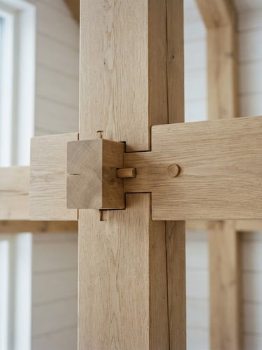 Architectural close-up of premium oak timber joints in bright natural Scandinavian daylight, high contrast, minimalist construction detail