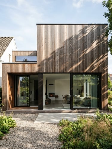 Architectural photography, bright natural daylight, a modern wooden house extension with clean lines in Aarhus, premium cedar wood cladding, high-contrast, 35mm lens