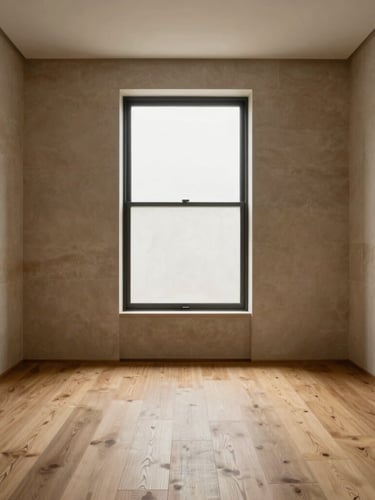 Wide-angle architectural composition of a minimalist living room, soft natural window light, muted stone walls, wire-brushed oak flooring, 35mm lens