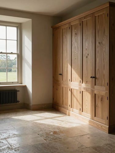 Warm editorial interior photography of a Wiltshire manor living room, soft natural window light streaming across honed limestone floors and bespoke wire-brushed oak joinery, architectural composition, 35mm lens.
