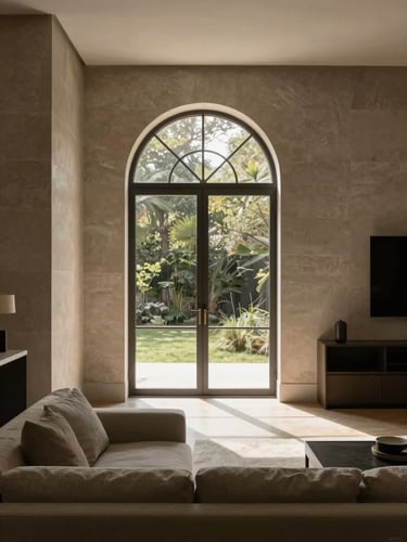 Architectural elevation of a modern residential interior, soft natural light streaming through a large arched window, muted stone walls, elegant minimalist furniture, 35mm lens.