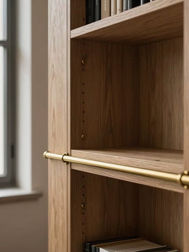 Close-up of bespoke joinery in a refined residential library, wire-brushed oak, patinated brass details, soft natural window light, architectural composition.
