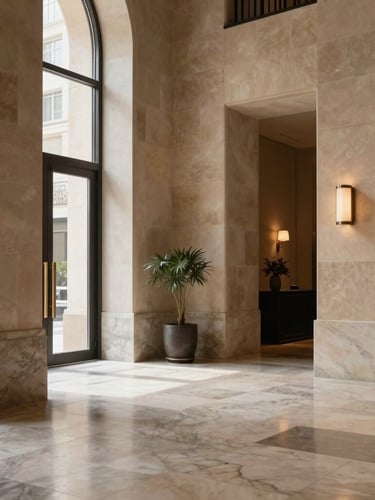 A high-end boutique hotel lobby, honed marble floors, warm stone walls, soft diffused natural daylight, architectural composition.