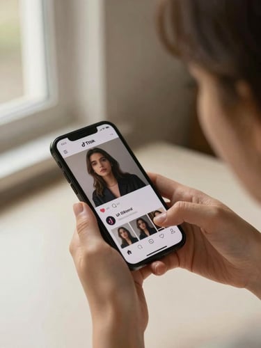 Close-up portrait of a young woman's hands holding a smartphone, TikTok feed visible on screen, warm natural window light from the left, cream-colored desk surface below, shallow depth of field on the phone screen