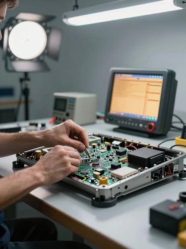 Wide workshop shot from left edge — technician hands mid-repair over an open TV chassis on a clean grey workbench, circuit board exposed, diagnostic equipment screen glowing amber in background, bright overhead studio strobes, no faces visible