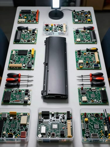 Overhead shot of an organized electronics repair workbench — circuit boards, precision screwdrivers, and labeled component bins arranged in systematic rows under bright studio strobe lighting, a partially disassembled TV panel visible at center, no people