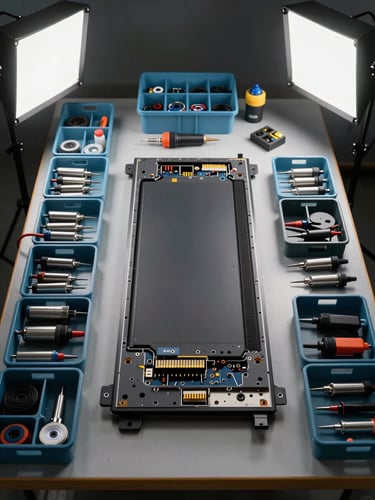 Overhead shot of a repair workbench under studio strobes, organized parts bins and soldering tools arranged precisely, a disassembled TV panel at center with connectors exposed, forensic workshop clarity