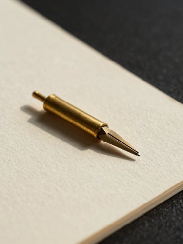 Macro studio photography of a solid brass compass tip resting on heavy textured cream paper, sharp directional side-lighting casting clean architectural shadows