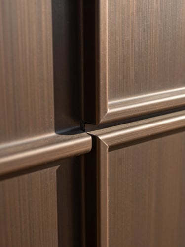 Extreme close-up of a flawless aluminum joint on a structural curtain wall, anodized bronze finish, sharp metallic edges, dramatic desert shadows, 35mm lens.