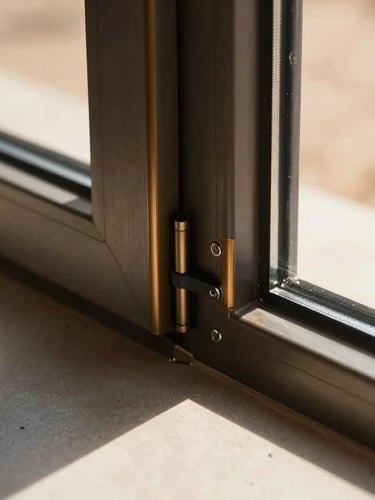 Sharp architectural close-up of a premium anodized bronze aluminum window joint with dual-rubber seals, harsh desert sunlight casting dramatic metallic shadows, 35mm lens.