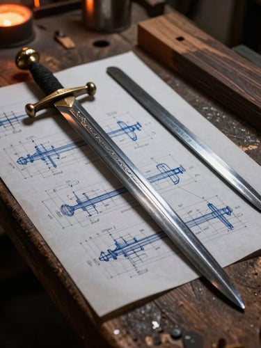 A bladesmith's wooden workbench covered with detailed hand-drawn blueprints of a medieval sword, a raw steel bar, and pieces of dark stabilized wood, warm side lighting, high contrast.