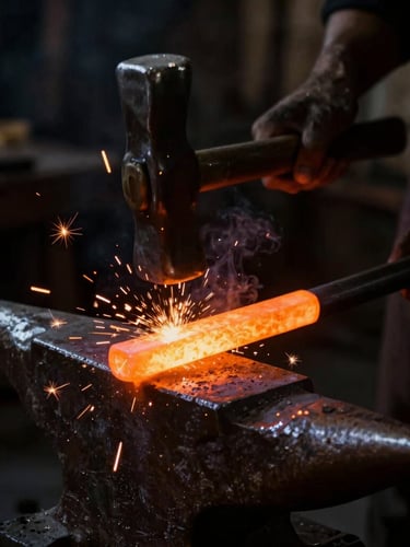 Dramatic low-key close-up of a blacksmith hammering glowing orange steel on a dark iron anvil, bright amber sparks flying in a smoky workshop, high-contrast chiaroscuro, 50mm lens
