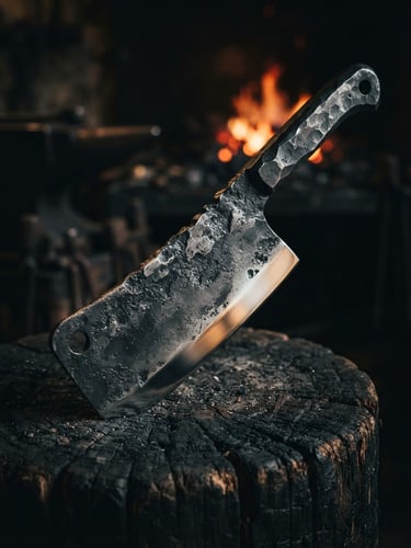 Close-up macro of a heavy, dark hand-forged cleaver resting on a charred wooden block, showing rough hammer marks on the spine and a razor-sharp polished edge, low-key chiaroscuro lighting with orange forge embers glowing in the background.