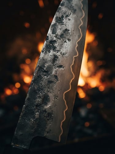Extreme close-up of a hand-forged chef knife blade, showing the dark textured hammer marks and selective temper line, dramatic low-key lighting with glowing orange forge embers in the background, 50mm lens