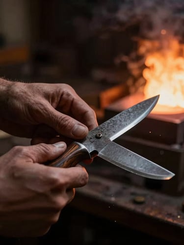 Hands of a bladesmith carefully hand-sanding a dark wood knife handle in a smoky workshop, soft dramatic side-lighting