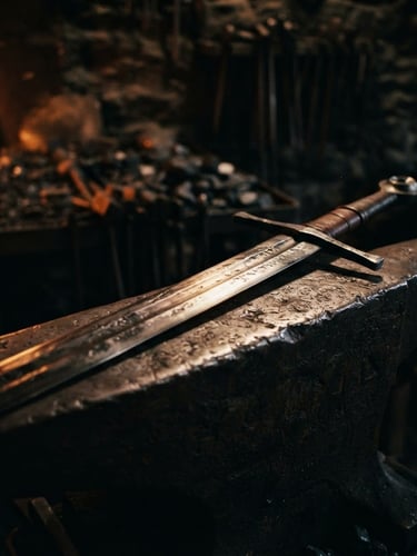 A long, hand-forged medieval longsword resting on a dark, textured anvil, illuminated by the warm glowing amber light of a nearby forge, dramatic shadows, highly detailed steel texture, 50mm lens, cinematic chiaroscuro.