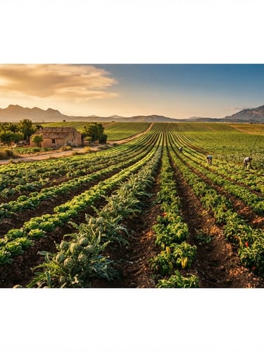 Wide panoramic Spanish vegetable field at golden hour, sun-drenched, with rows of fresh produce stretching to the horizon, raw agricultural photography, 35mm film look.