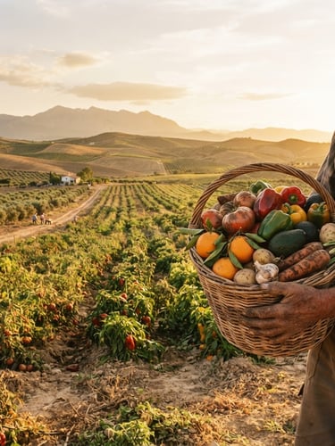 Wide panoramic Spanish field at golden hour, a farmer's hands holding a basket overflowing with freshly harvested, soil-dusted vegetables and fruits like tomatoes, peppers, oranges, and avocados, sun-drenched, 35mm film look, rich earth tones, to the right side of the frame.