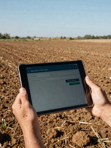 Close-up of soil-dusted hands holding a rugged tablet in a sun-drenched field, displaying a secure transaction confirmation, wide-angle, bright natural sunlight, rich earth tones, 35mm film look.