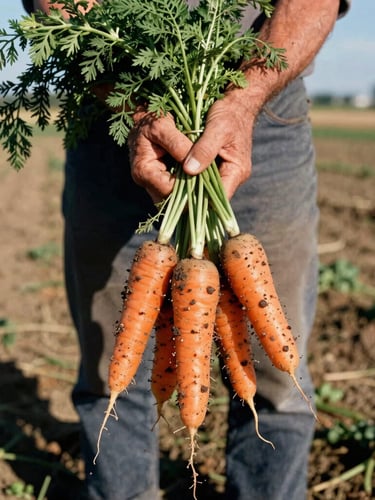 Close-up of a farmer's hands holding a handful of freshly harvested, soil-dusted carrots in bright natural sunlight, wide-angle, rich earth tones, 35mm film look