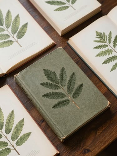 A flat-lay of several vintage-style hardcover scientific books on a dark wooden desk, botanical sketches of Ricinus communis leaves nearby, soft overcast lighting, muted tones.