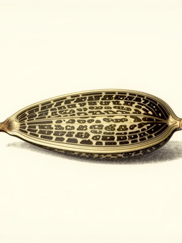 Vintage scientific illustration of Ricinus communis seeds showing their marbled texture, flat-lay specimen, soft overcast daylight, warm cream background.