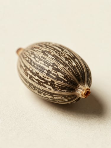 Vintage botanical plate style macro photograph of a single Ricinus communis seed, showing the intricate marbled texture of the seed coat, soft natural north-facing daylight, warm cream background.
