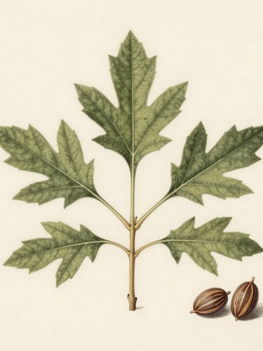 A precise botanical illustration of Ricinus communis showing the detailed structure of its lobed leaves and marbled seeds, captured in soft overcast daylight with muted olive and warm cream tones, styled as a scientific plate from a historical journal.