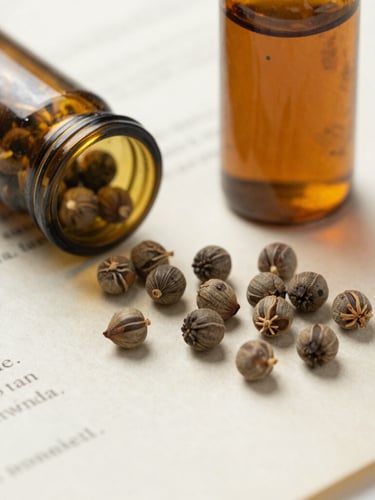 Graines de ricin marbrées disposées à côté d'un flacon de laboratoire en verre ambré sur un vieux papier de recherche scientifique.