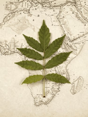 Historical map of East Africa and ancient trade routes, overlaid with a botanical specimen of a castor bean leaf, sepia tones, aged parchment texture, soft natural lighting.
