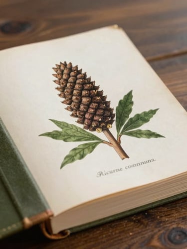 Photographie macro d'un livre ancien de botanique posé sur une table en bois sombre, couverture en cuir vert olive, page de garde crème montrant une illustration de Ricinus communis.