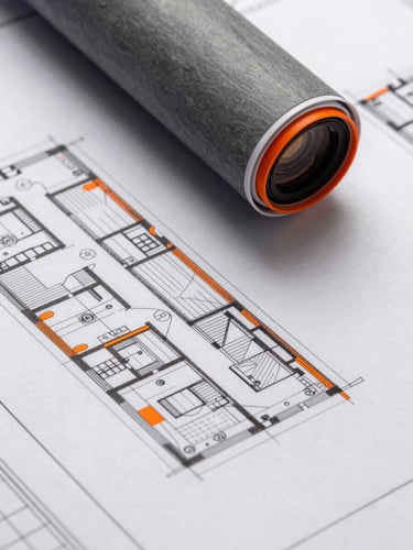 Close-up of architectural blueprints with digital overlays, high-contrast slate gray and safety orange accents, sharp focus, 35mm lens