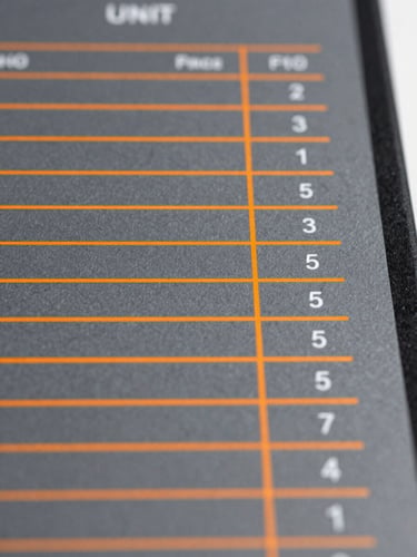 Straight-on technical UI mockup of a unit price analysis table, slate gray background with safety orange highlight lines, sharp focus