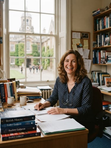 Candid medium portrait of a friendly academic advisor smiling in a sunlit university office, historical campus visible through the window, natural light, 35mm film look