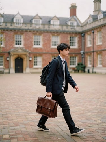 Candid medium portrait of a student walking across a historic brick campus courtyard, soft overcast British daylight, carrying a leather satchel, natural student life, authentic 35mm film aesthetic