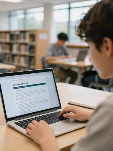 Candid over-the-shoulder shot of a student reviewing course modules on a laptop in a bright, modern UK university library, natural overcast daylight, focus on the screen and notebook.