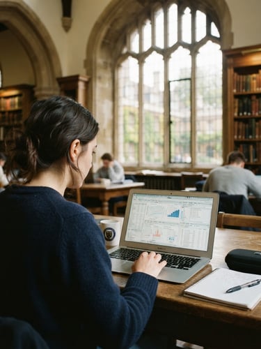 Candid over-the-shoulder shot of a postgraduate student analyzing research data on a laptop in a quiet, sunlit university library, historic stone window in the background, soft natural daylight, 35mm film look.