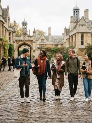 Candid medium shot of a diverse group of students walking across a historic cobblestone UK campus, soft overcast natural light, warm collegiate atmosphere, 35mm film look.
