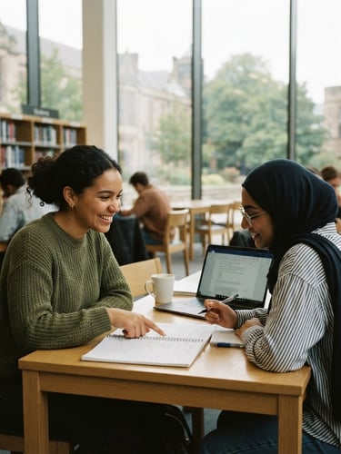 Candid medium environmental portrait of two diverse students collaborating in a modern UK university library, natural soft overcast daylight, 35mm film look