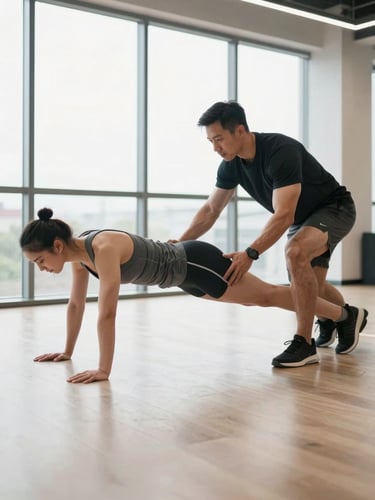 Bright indoor daylight, a certified fitness coach actively adjusting a member's form during a plank, clean spacious studio floor, sharp focus