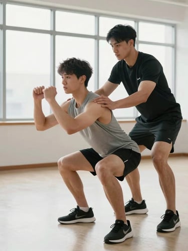 Bright athletic photography of a coach gently correcting a member's posture during a bodyweight squat, natural window light, clean spacious studio, 35mm lens