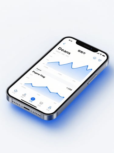 Macro shot of a premium smartphone displaying a clean financial dashboard, bright high-key studio lighting with soft blue ambient fills, minimalist tech aesthetic