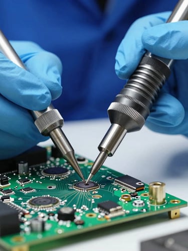 Macro close-up of a professional technician in uniform using micro-soldering tools on an exposed green circuit board, sharp technical photography, bright cool workshop light, high-contrast blue and silver tones.