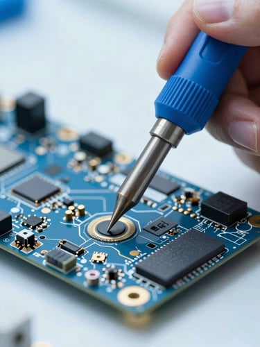 Macro close-up of a professional technician using precision micro-soldering tools on an exposed OLED television motherboard, bright cool workshop lighting, high-contrast blue and silver tones.
