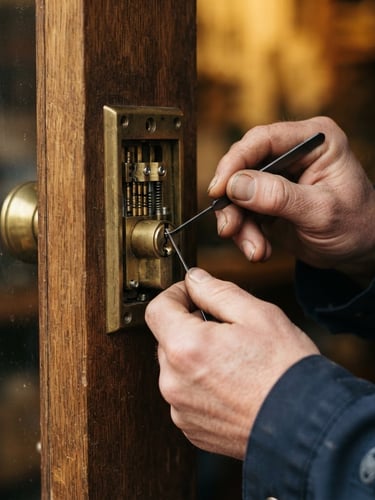 Close-up of a professional locksmith's hands in a navy blue uniform precisely adjusting a brass cylinder lock, warm golden lighting, sharp focus on the lock mechanism