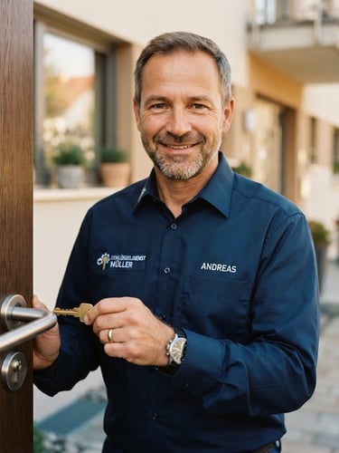 Close-up portrait of a professional German locksmith in a clean navy uniform, smiling politely while holding a brass key near a modern door, warm natural daylight, shallow depth of field, authentic local handcraft feel