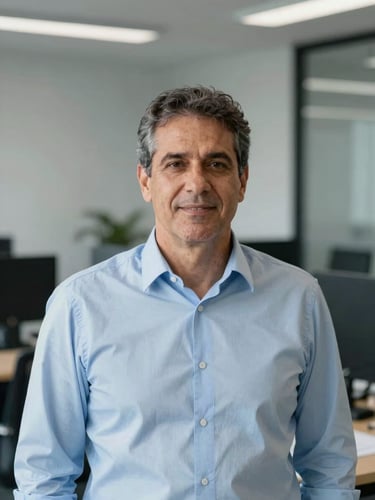 Portrait of Agnaldo Souto, a professional administrator in his 50s, wearing a light blue shirt, clean corporate office setting, bright natural daylight, cool gray tones, sharp focus, professional editorial.