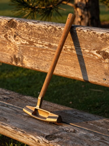 A close-up of a vintage wooden putter resting against a weathered pine bench, warm golden-hour sunlight casting long shadows on the green turf.