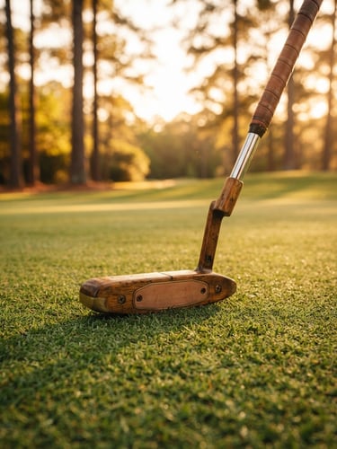 Warm editorial photography of a wooden putter resting on lush green turf, golden-hour sunlight filtering through pine trees, shallow depth of field